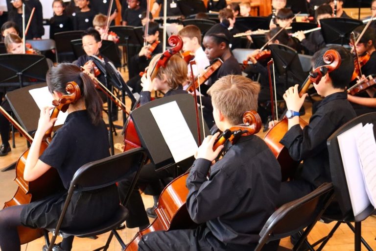 String sections of a youth orchestra.