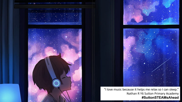 Computer generated image of a young person listening to music at night,