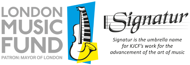 Two musical logos, one for the London Music Fund which shows a colourful musical instrument made up of a violin, saxophone & keyboard and one for Signatur which displays the letters of the word climbing up a musical stave.