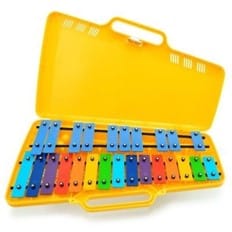 a glockenspiel with multi-coloured keys in a plastic yellow case