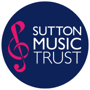 Sutton Music Trust logo - white text on a blue circle with a pink treble clef