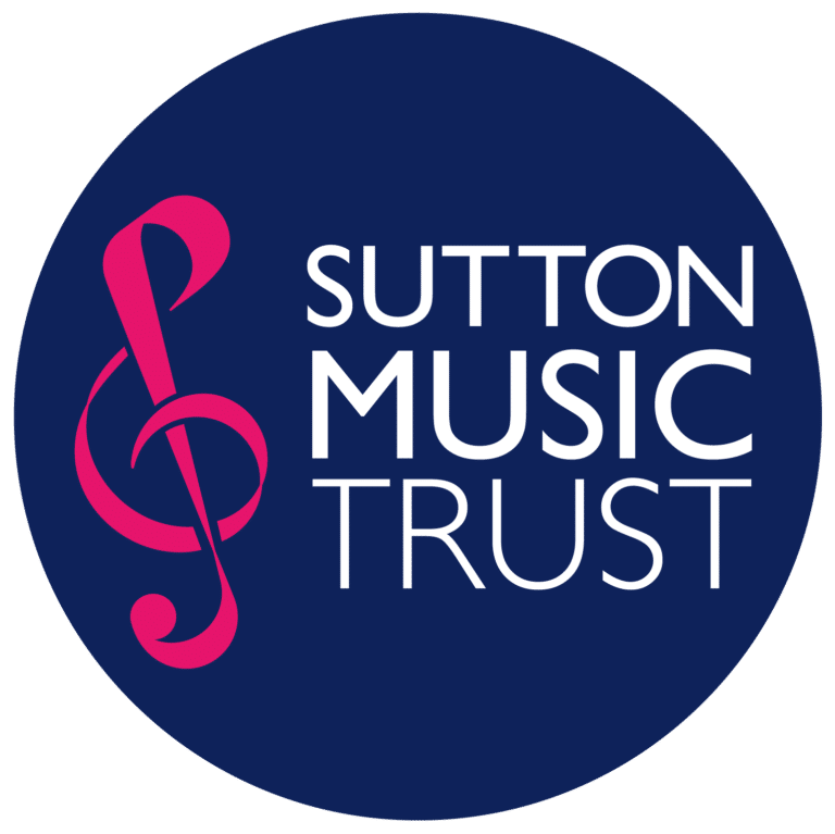 Sutton Music Trust logo - white text on a blue circle with a pink treble clef