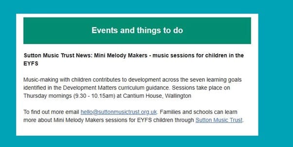 SMT’s early years music sessions spotted in the Sutton Education Bulletin.